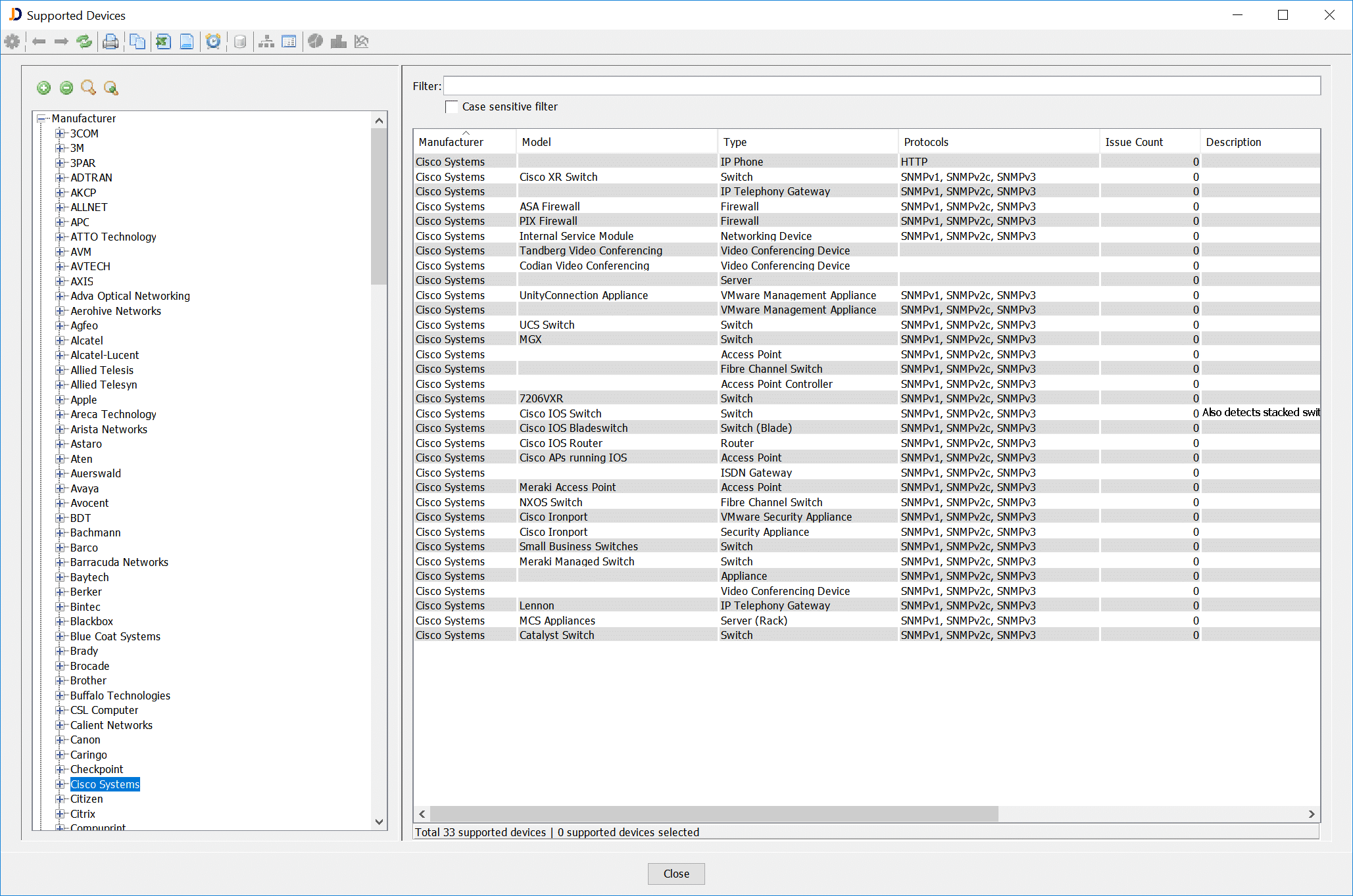 The Supported Devices Dialog