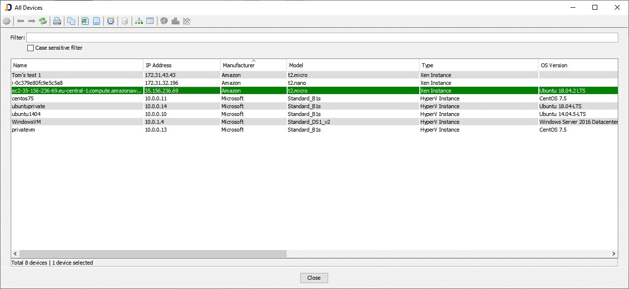 Device List showing a mix of Amazon AWS and Microsoft Azure Resources