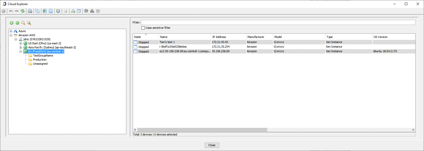 Cloud Explorer with some Regions and Resource Groups