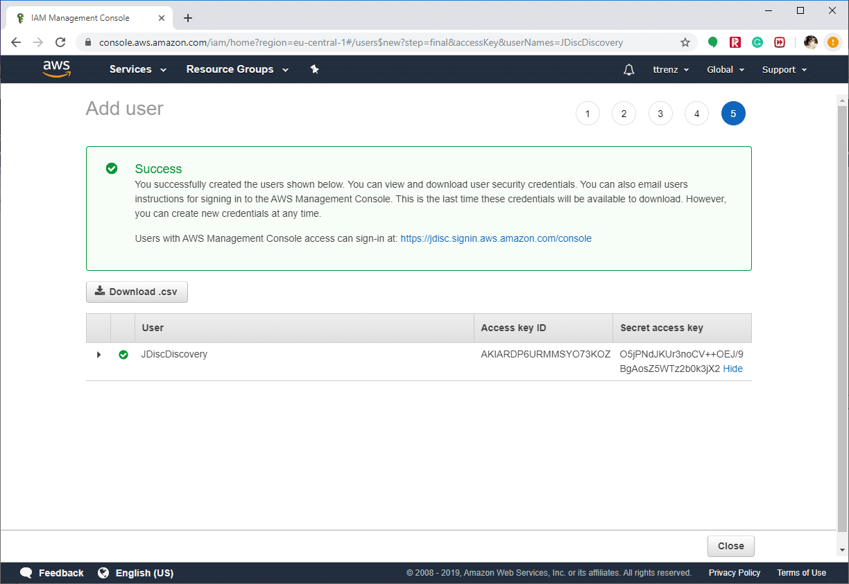 Create a dedicated discovery user and obtain its access key and key secret