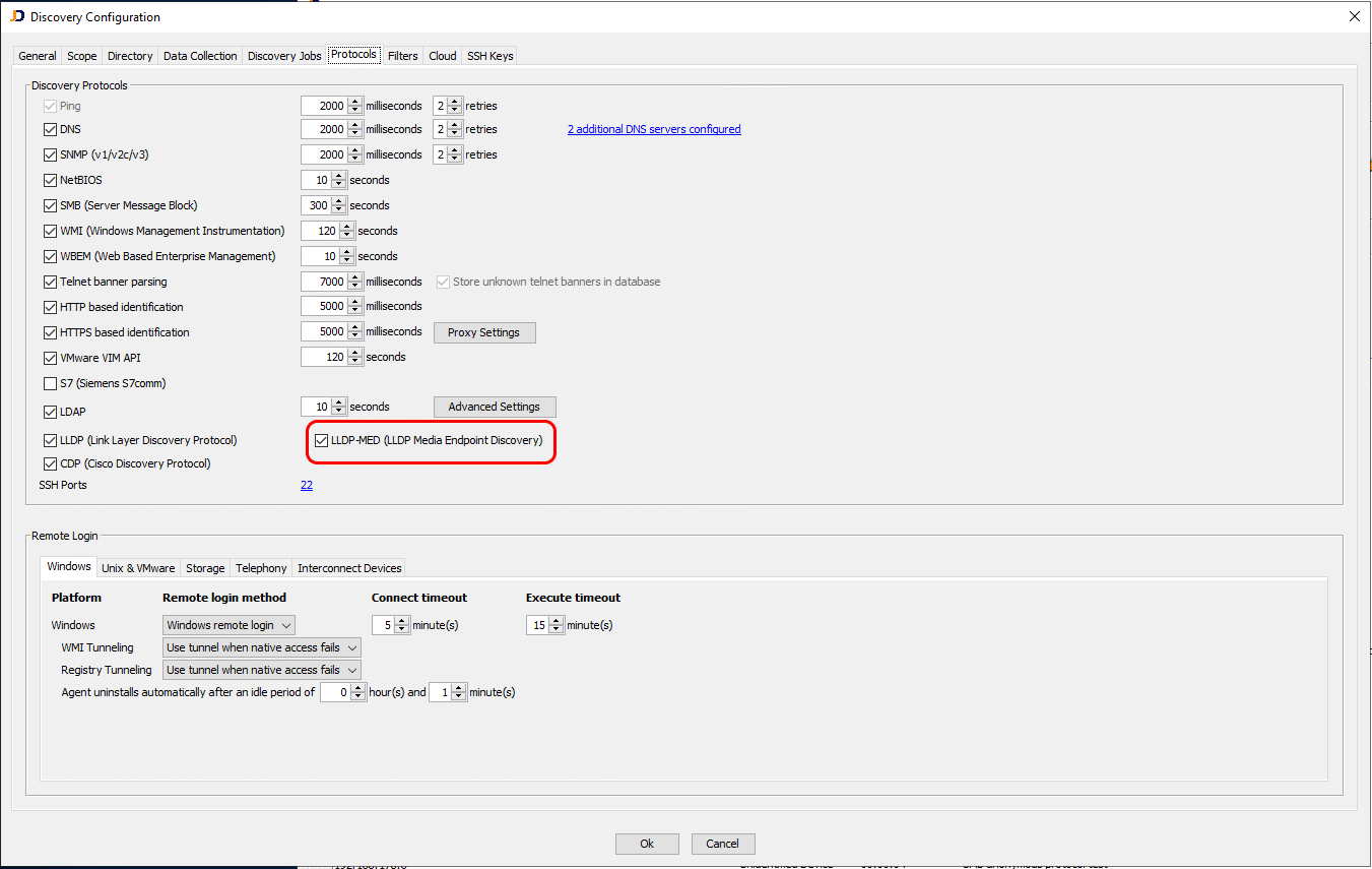 The discovery protocol section lets users enable or disable various protocols.