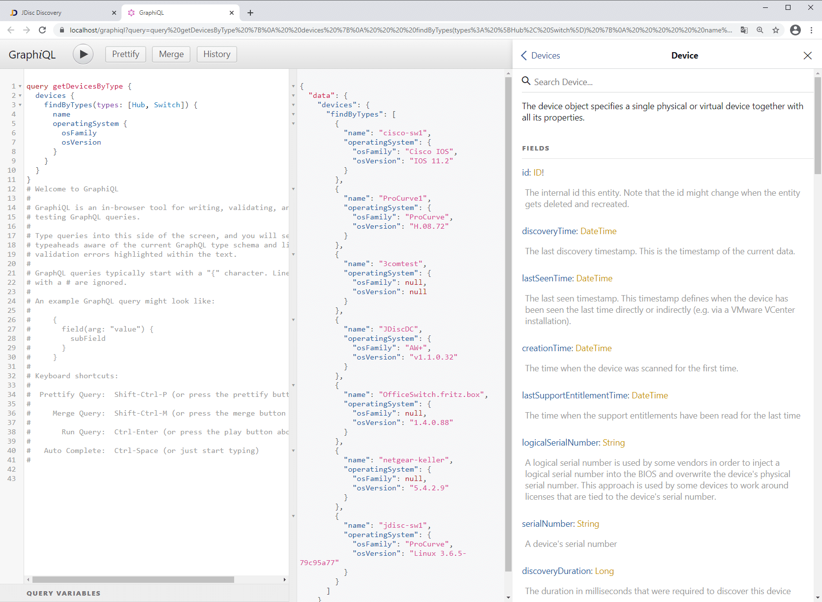 discovery-graphql-ide - JDisc Network Discovery Integrated GraphQL IDE