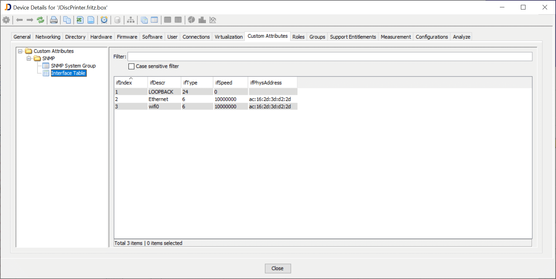 The SNMP interface table with its values