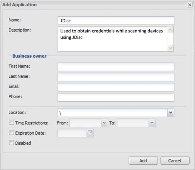 DefineJDiscApp - JDisc Network Discovery Add application dialog