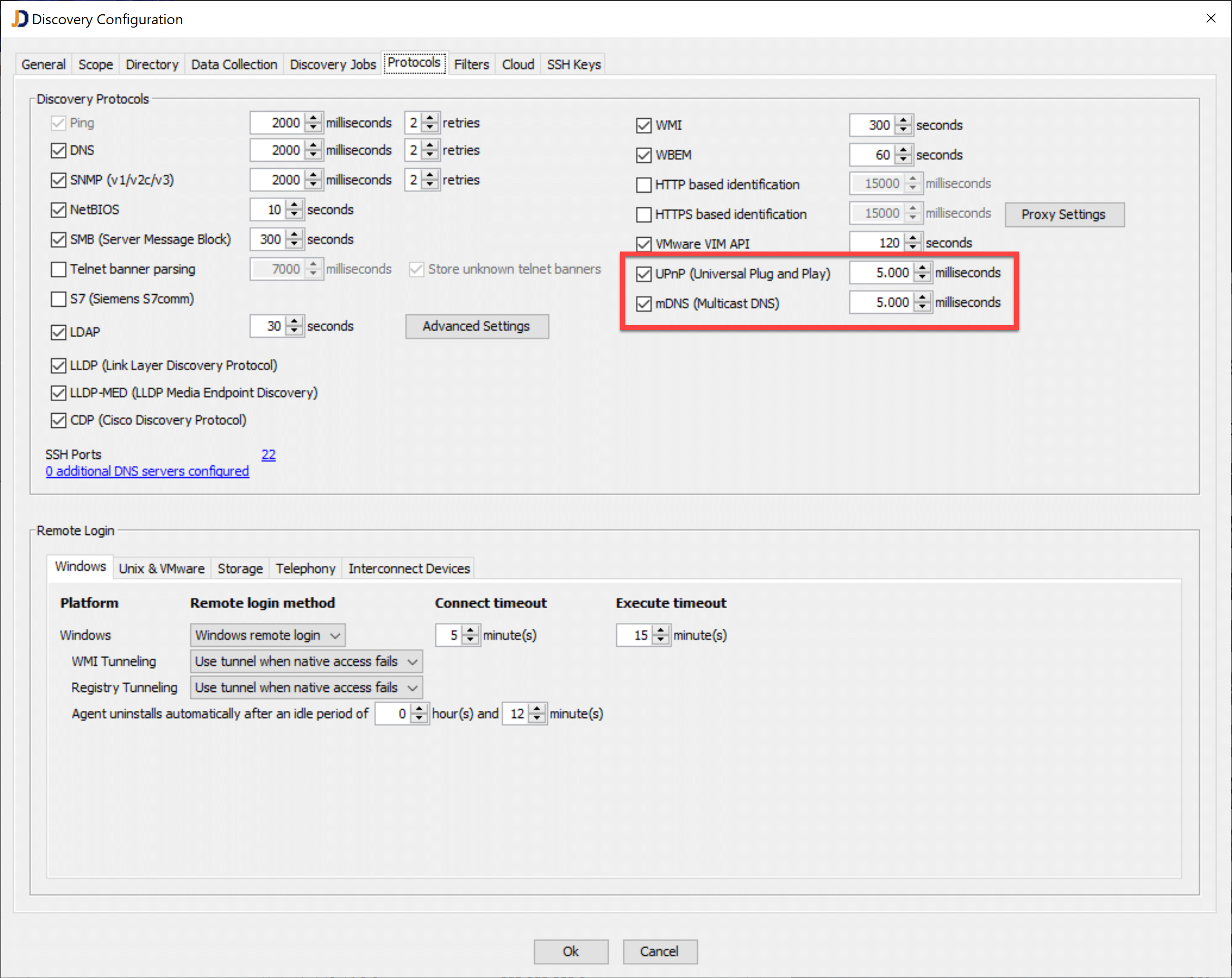 image-9 - JDisc Network Discovery This image explains how to enable mDNS and uPNP within JDisc Discovery's configuration dialog.