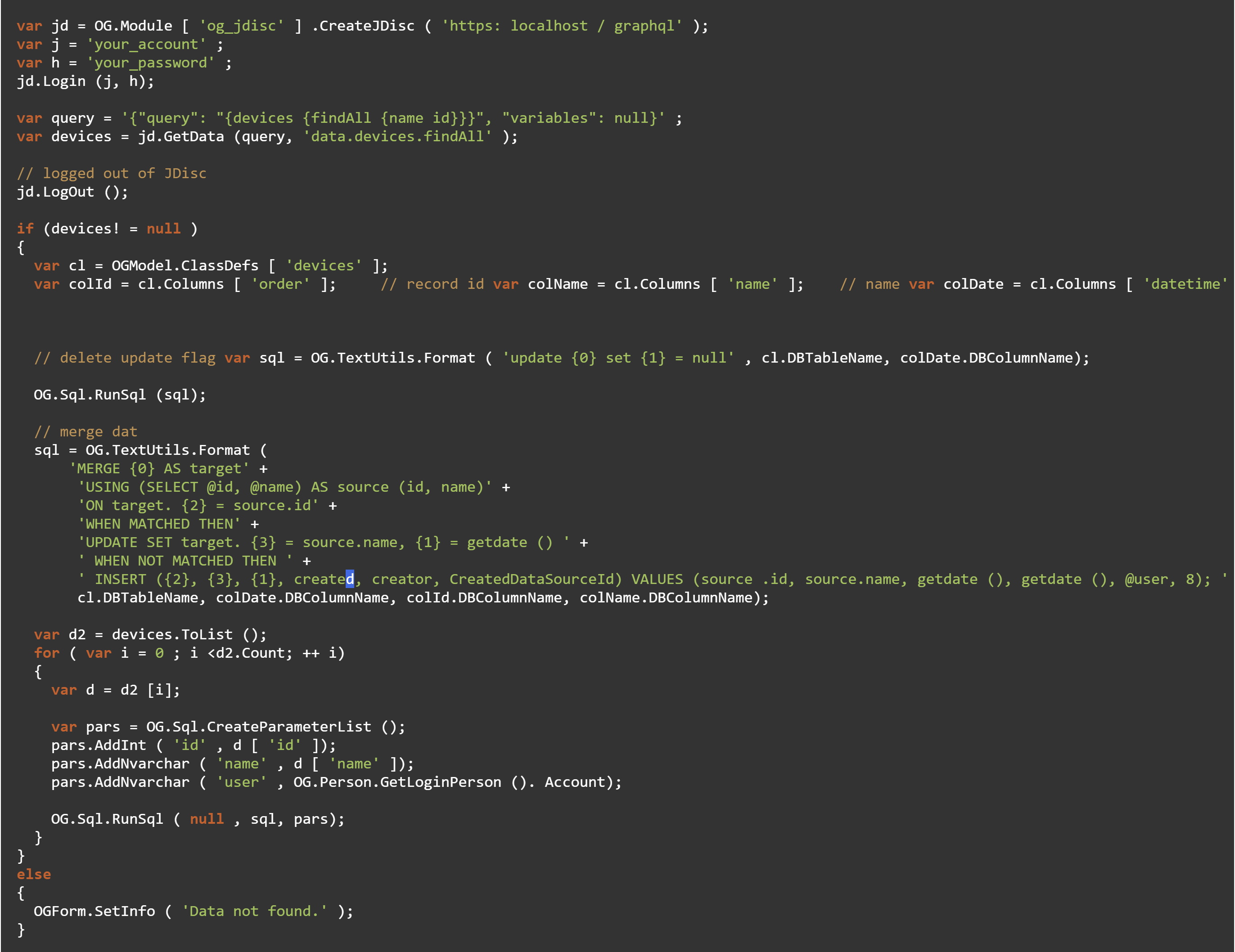 Script for data query and store in ObjectGears