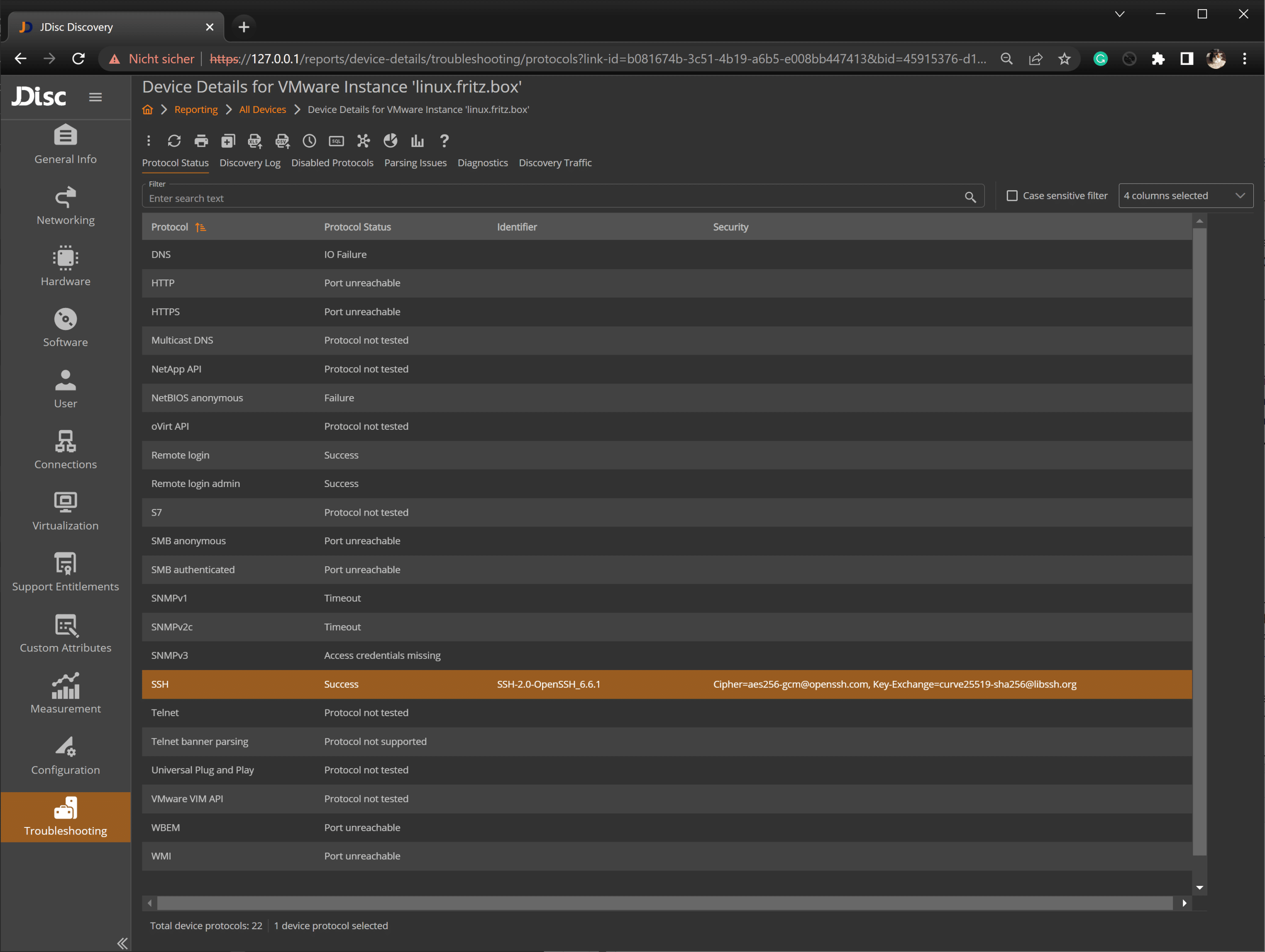 list of used algorithms within the Security column for the SSH status