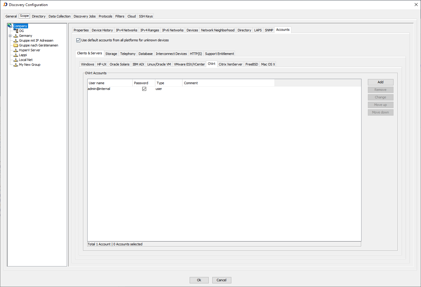 oVirtSettings - JDisc Network Discovery Accounts - oVirt tab