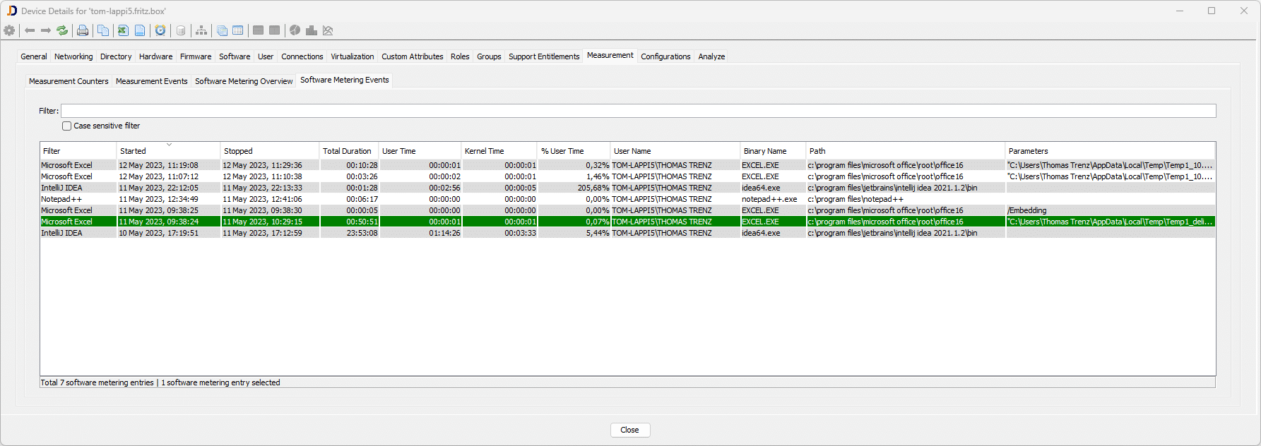 The Software Metering Events tab and specific device software information