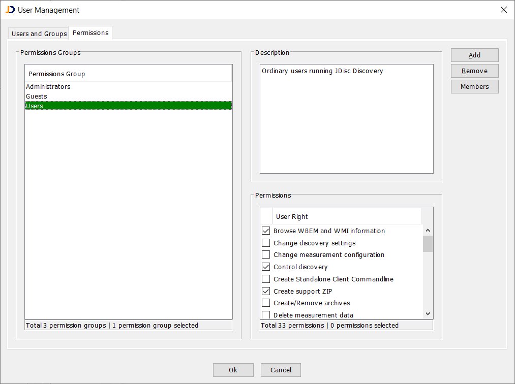 Displays JDisc Discovery User Management Permissions