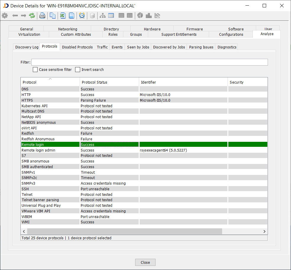 Windows-Server-With-Non-Admin-Access-Credentials-Protocols-Status - JDisc Network Discovery Windows Computer mit einem nicht privilegierten Benutzer, aber mit Rechte Erhöhung - Protokoll Status