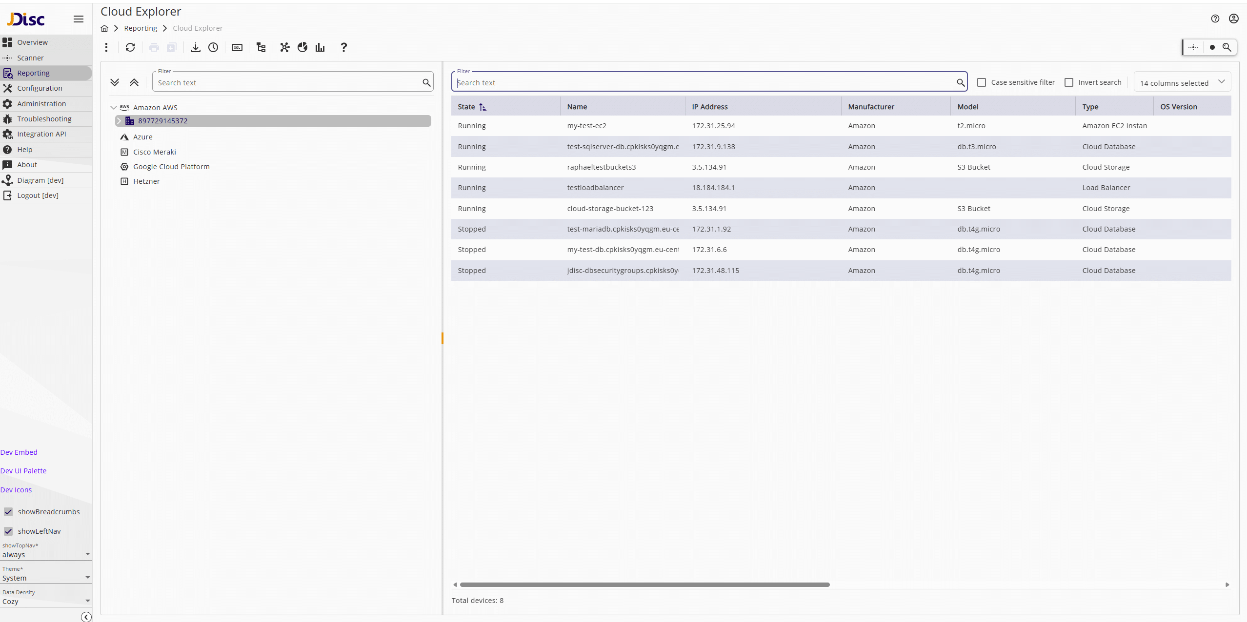 amazon_rds_s3_loadbalancer - JDisc Network Discovery Screenshot of JDisc Cloud Explorer showing AWS cloud assets like RDS databases, S3 buckets, and a load balancer.