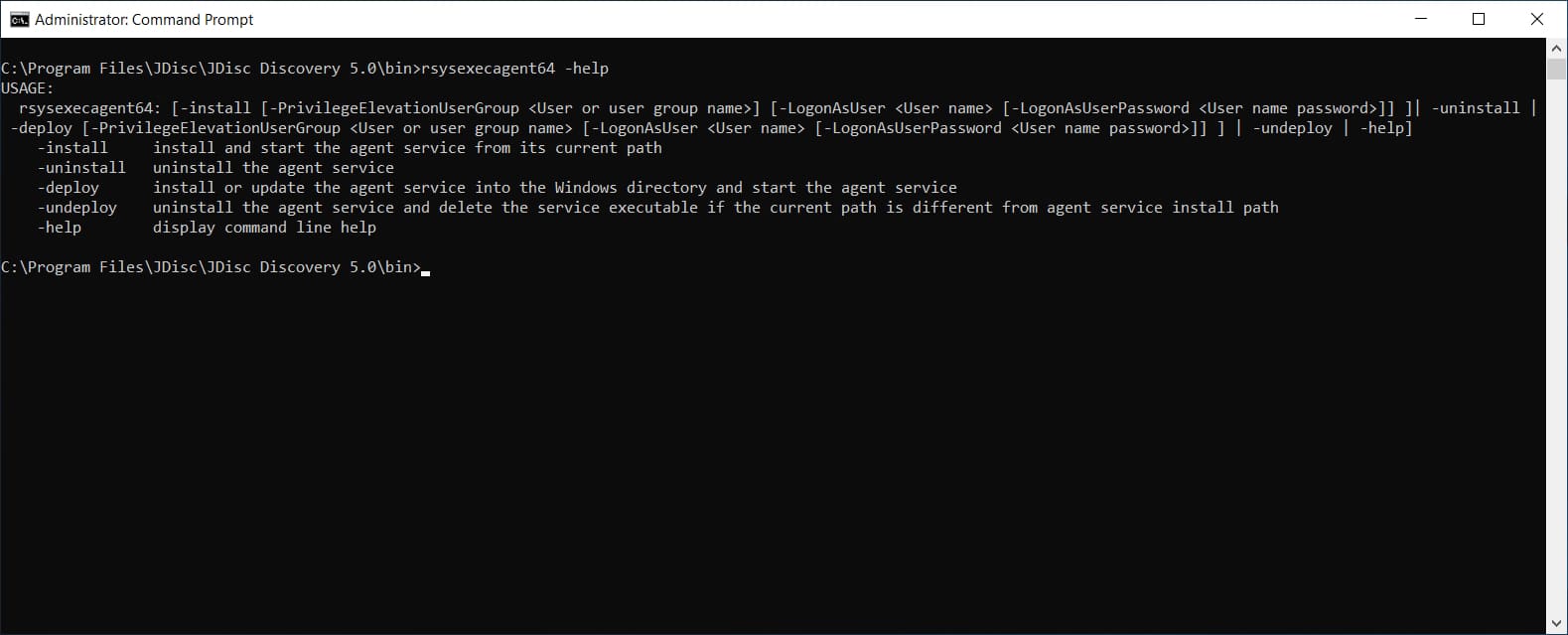 rsysexecagent-help - JDisc Network Discovery JDisc Discovery Zero-Footprint Agent - command line help