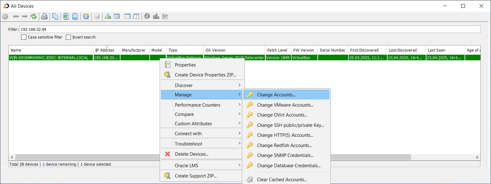 gMSA-Device-Change-Accounts-Context-Menu - JDisc Network Discovery Überprüfung der lokal zwischengespeicherten Konten, die für die Discovery verwendet werden