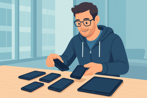 Managing Mobile Devices for IT Inventory A person managing multiple mobile devices on a desk in a modern office, symbolizing mobile device management.