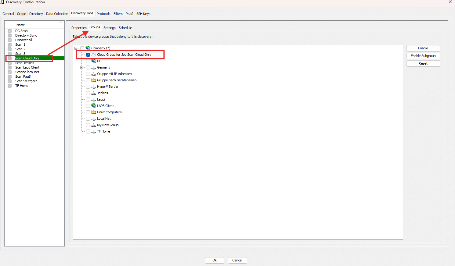 enable_cloud_groups - JDisc Network Discovery JDisc Cloud Discovery workflow showing cloud group selection in Scope and Groups tabs.