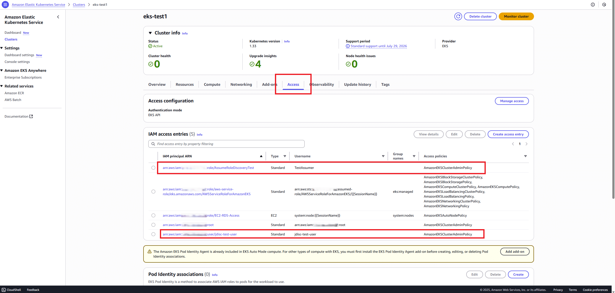 cluster_access - JDisc Network Discovery Access control configuration for Amazon EKS cluster with IAM integration"