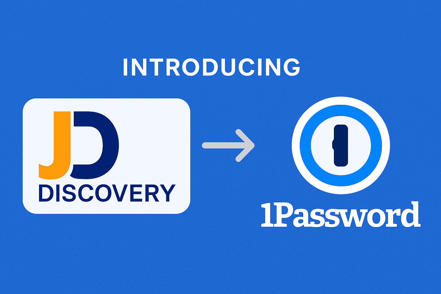 JDisc Discovery – 1Password Integration Announcement A graphic showing the integration between JDisc Discovery and 1Password, with both logos connected by an arrow on a blue background.