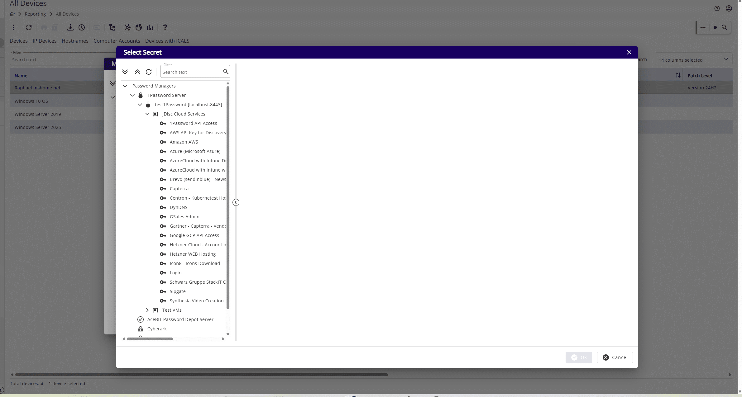 Selecting a Secret from 1Password in JDisc Discovery - JDisc Network Discovery A JDisc Discovery dialog showing the “Select Secret” window with a list of vaults and items retrieved from a connected 1Password server.